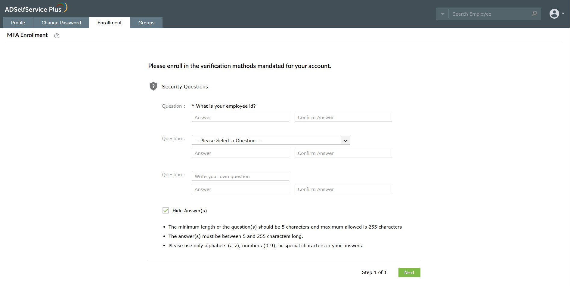 Configuring your own custom security questions and answers