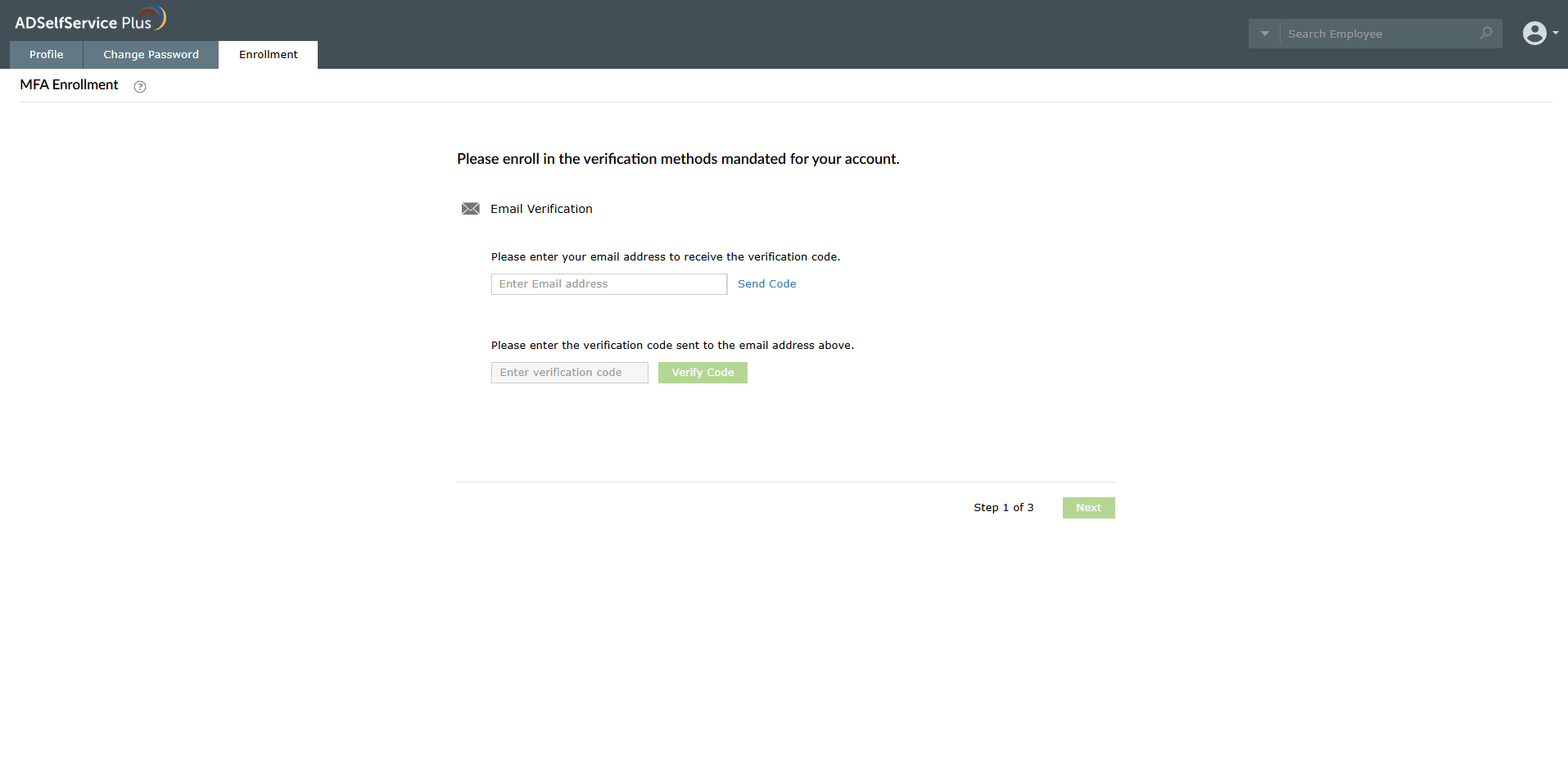 Enrolling for Email Verification by entering your email address and the code
