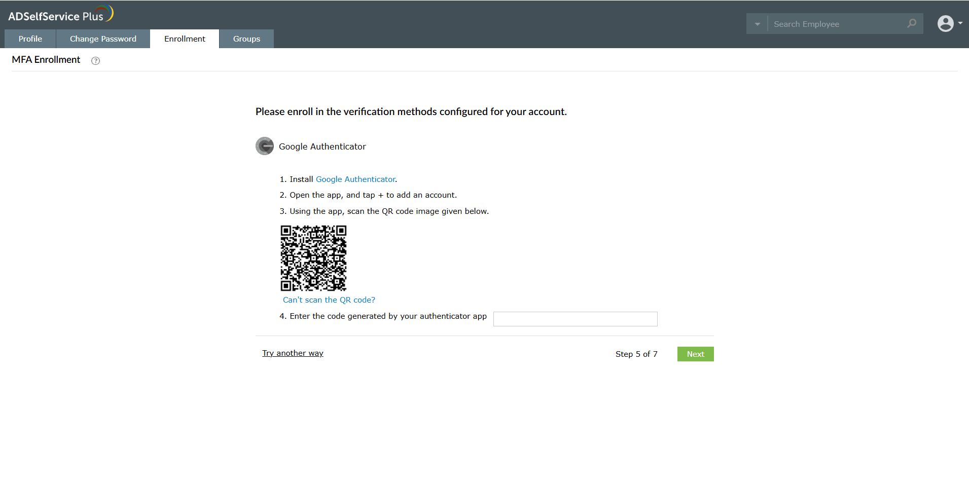 Enrolling for Google Authenticator by scanning the displayed QR code