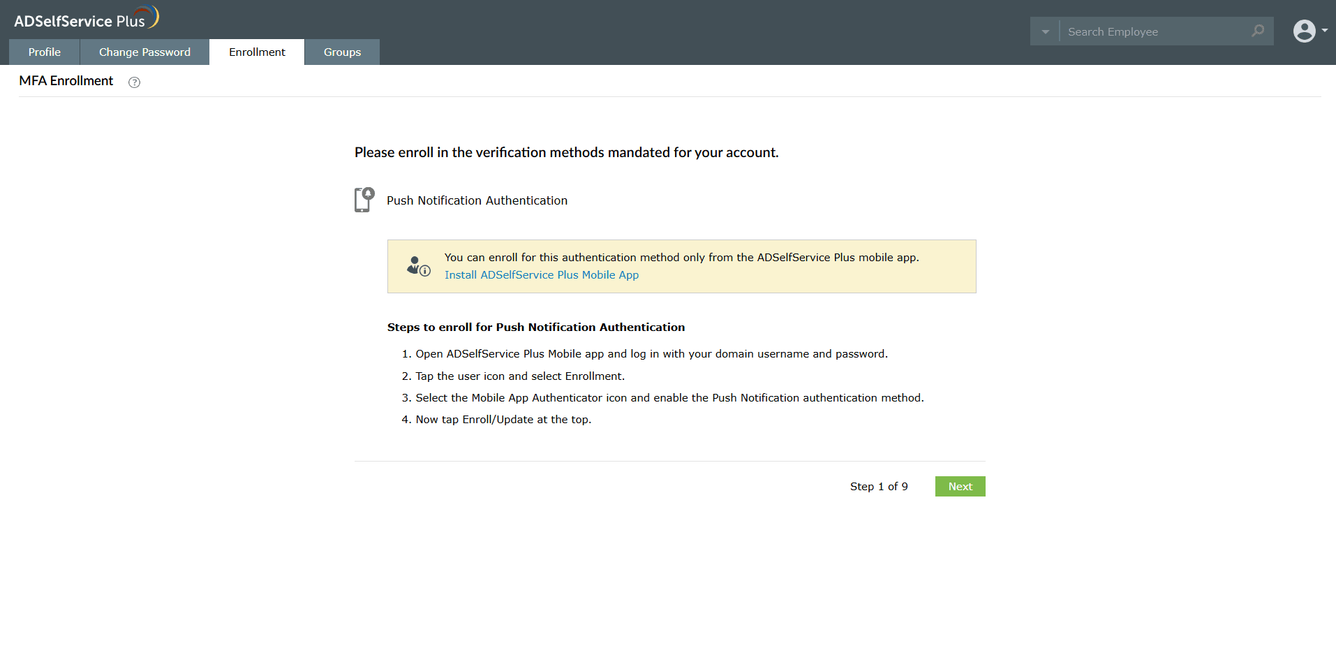 Enrolling for Push Notification authentication through the mobile app