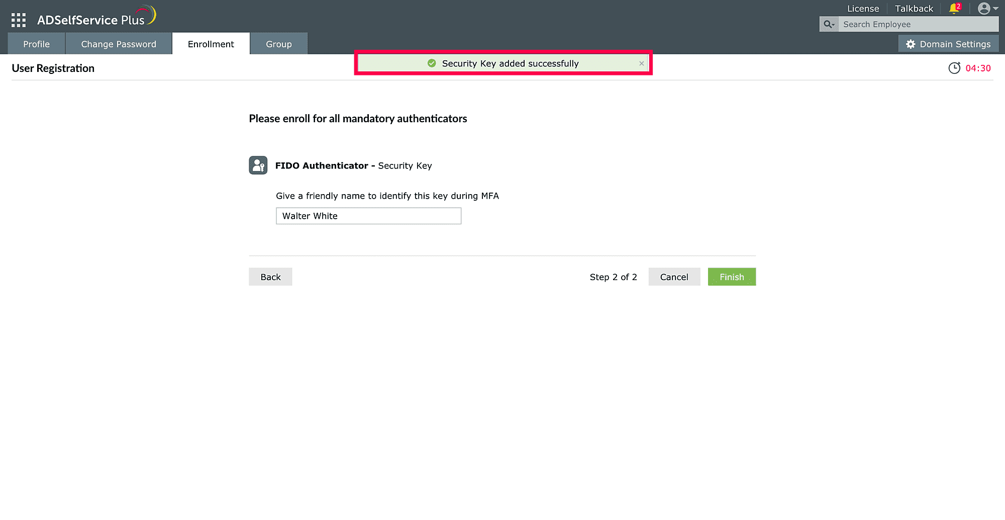 Naming and enrolling the security key as a FIDO passkey