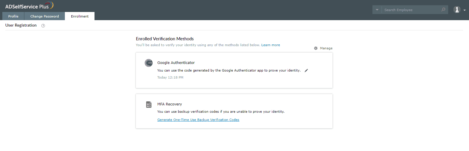 Generating backup codes from the MFA Recovery section of the Enrollment tab