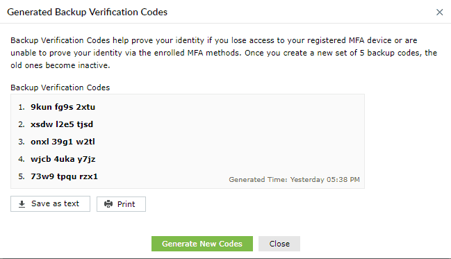The Generated Backup Verification Codes dialog