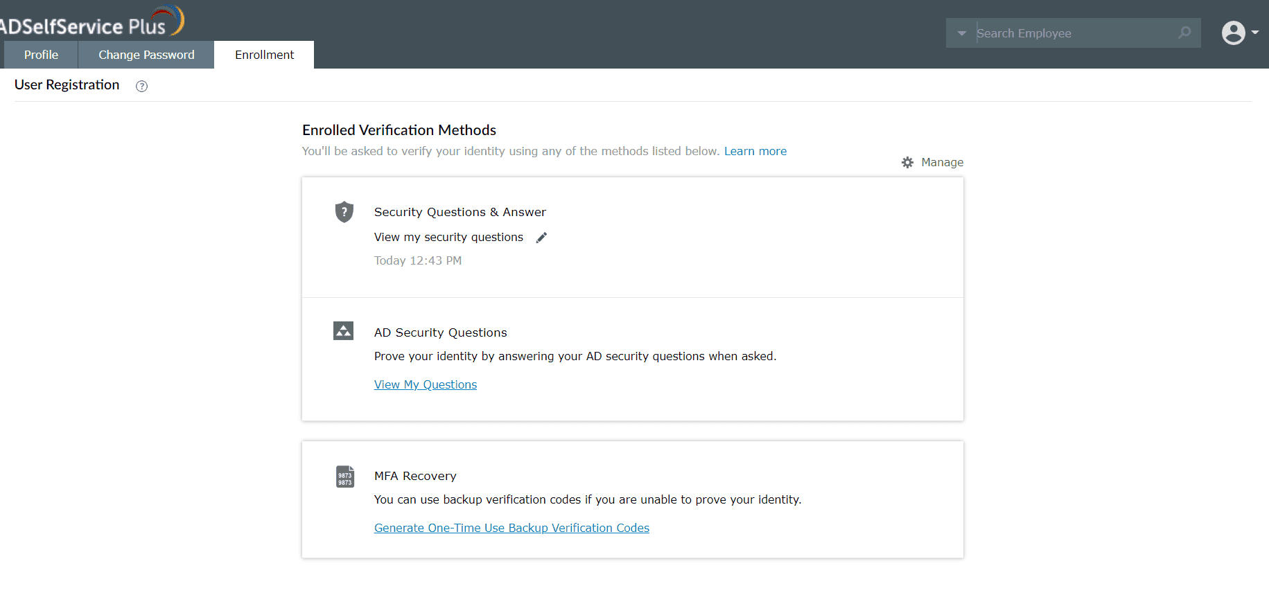 Opening Manage on the Enrollment tab to disenroll a machine