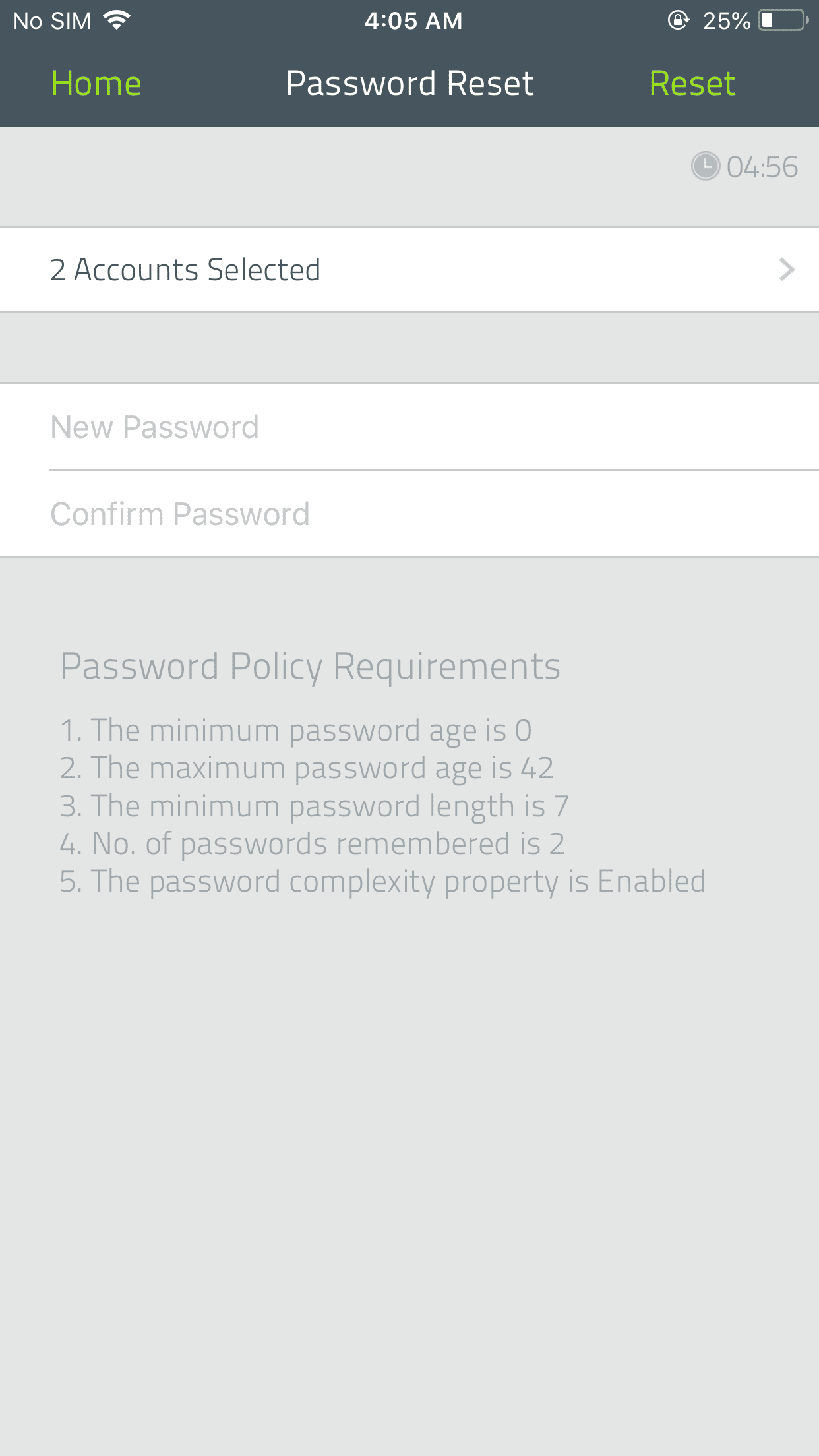 Entering your new password in the mobile app